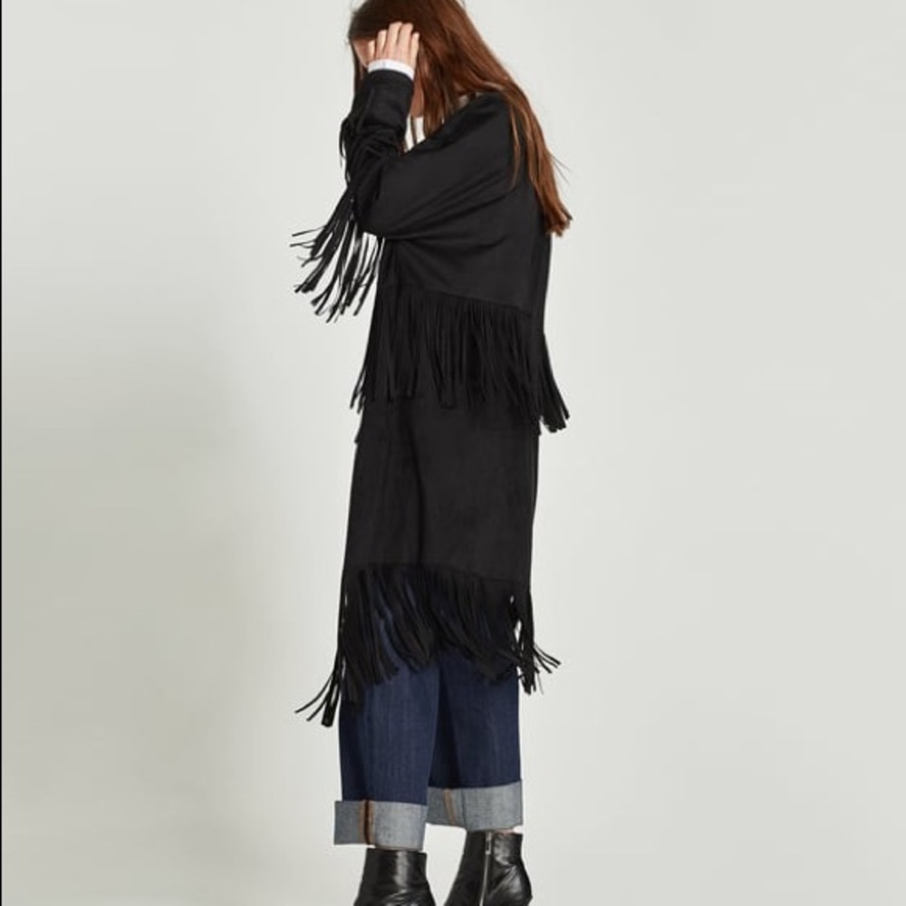 Fringe duster jacket stretchy suede like material